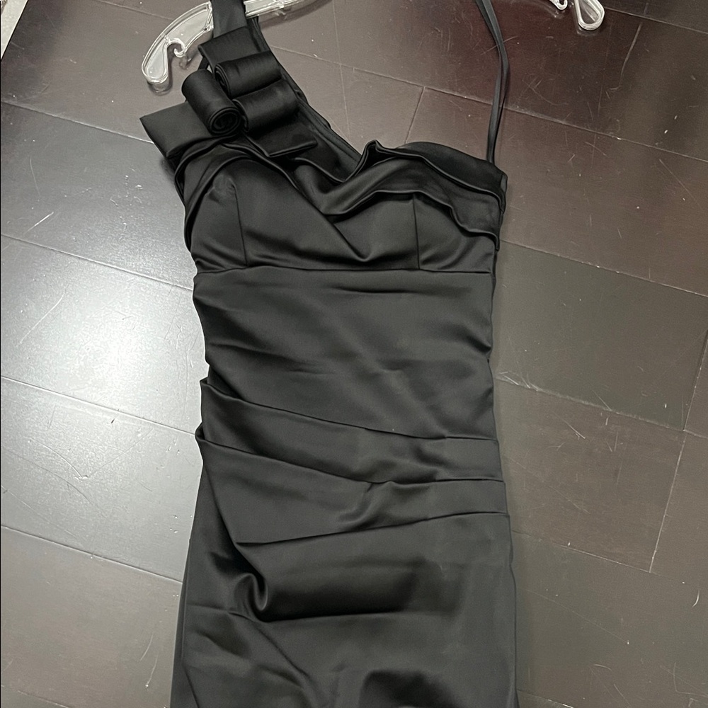 Betsy & Adam Black Satin One-Shoulder Dress